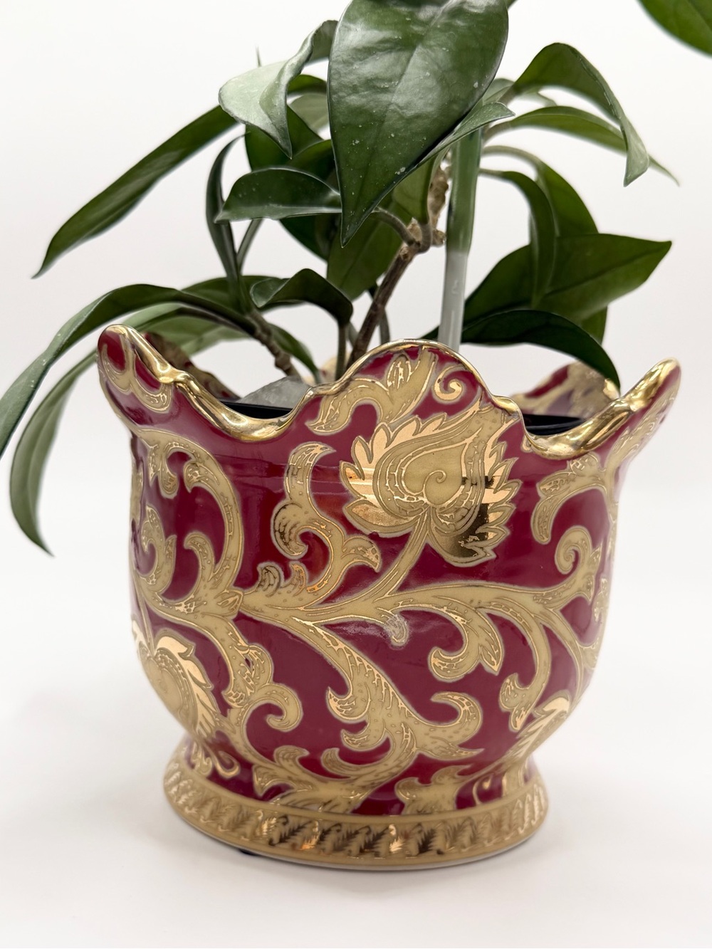 Ornate Gold-Trim Red Ceramic Planter - Decorative Home Accent Cachepot Plant ❤️